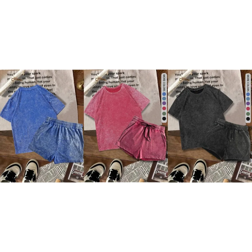 Women's Solid Tee & Denim-Print Shorts Set