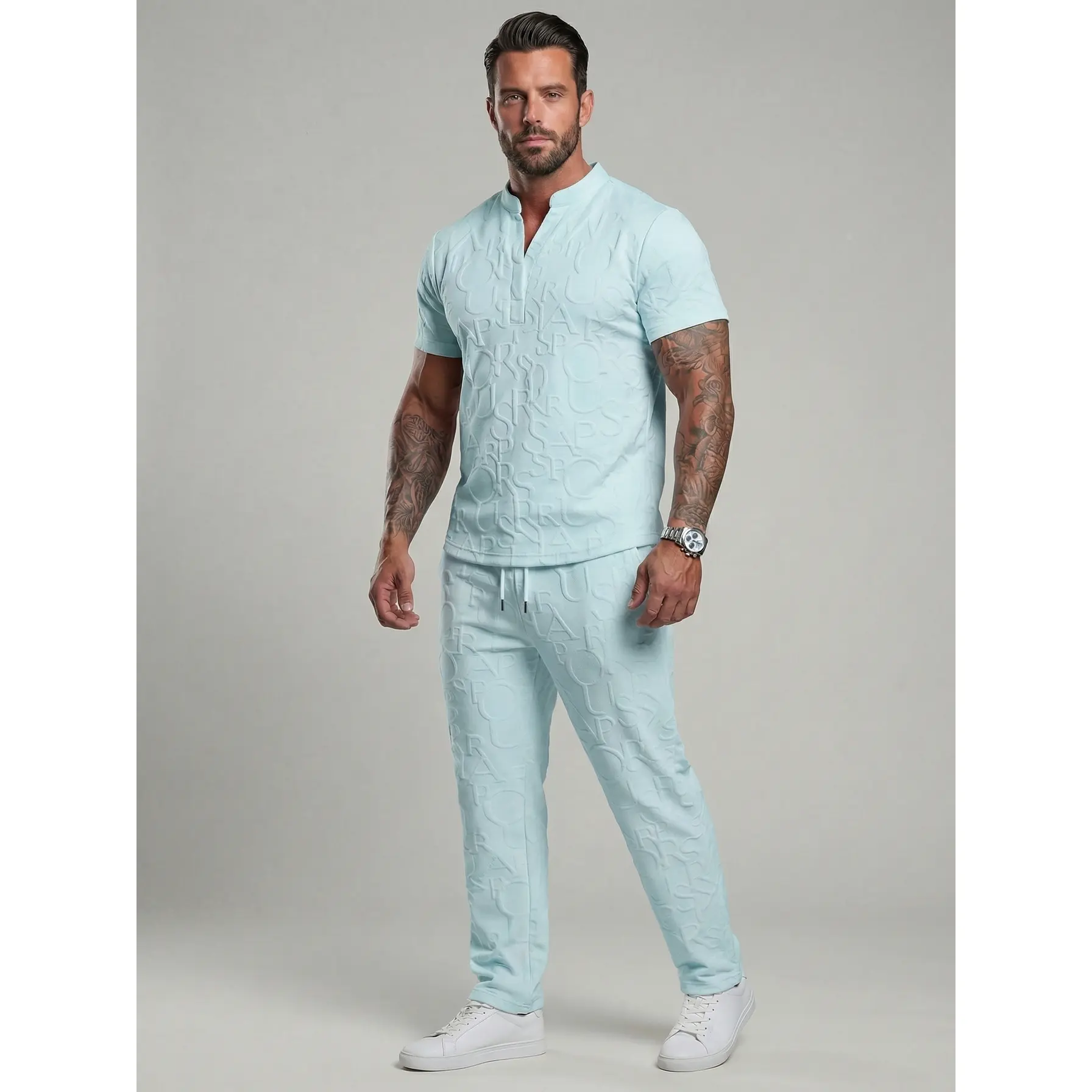Men's Textured Letter-Embossed T-Shirt & Drawstring Waist Trousers Set