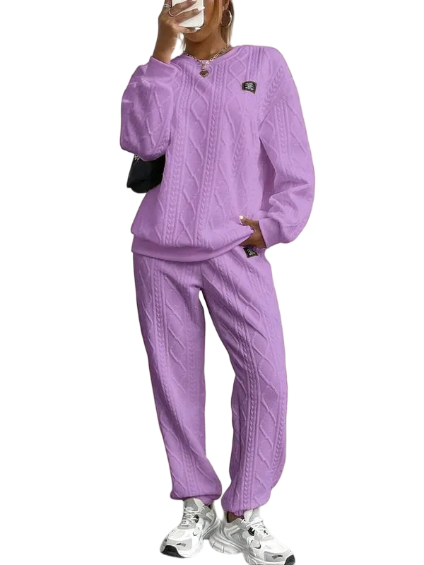 Women's Solid Patched Drop Shoulder Sweatshirt & Elastic Waist Pants Two-piece Set