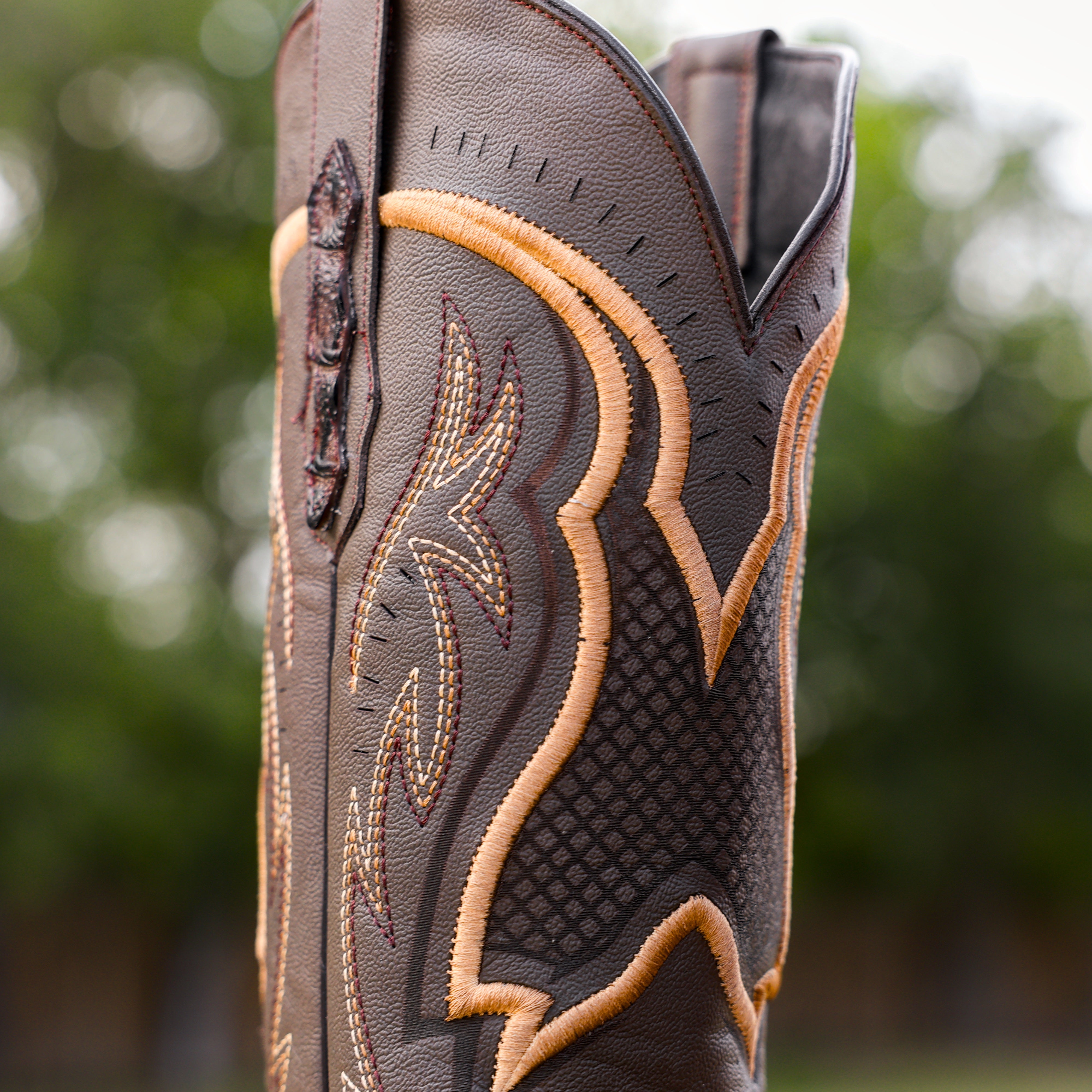 Chocolate Brown Caiman Neck Leather Boots - Square Toe