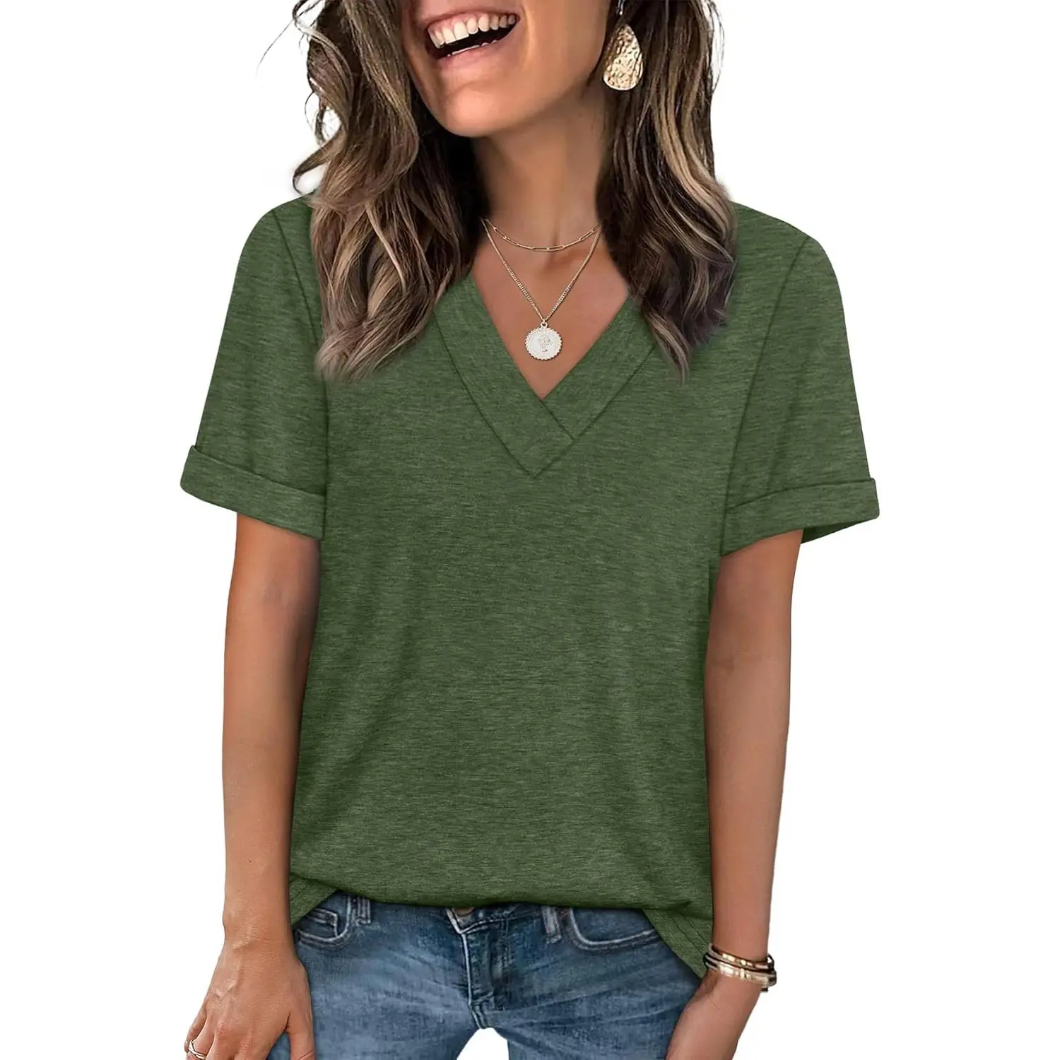 Womens Summer Tops Short Sleeve Basic Casual V Neck T Shirts Trendy Fashion