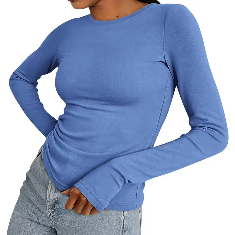 Women's Casual Long Sleeve Crew Neck Top - Slim Fit Basic Going-Out Blouse for Summer & Fall