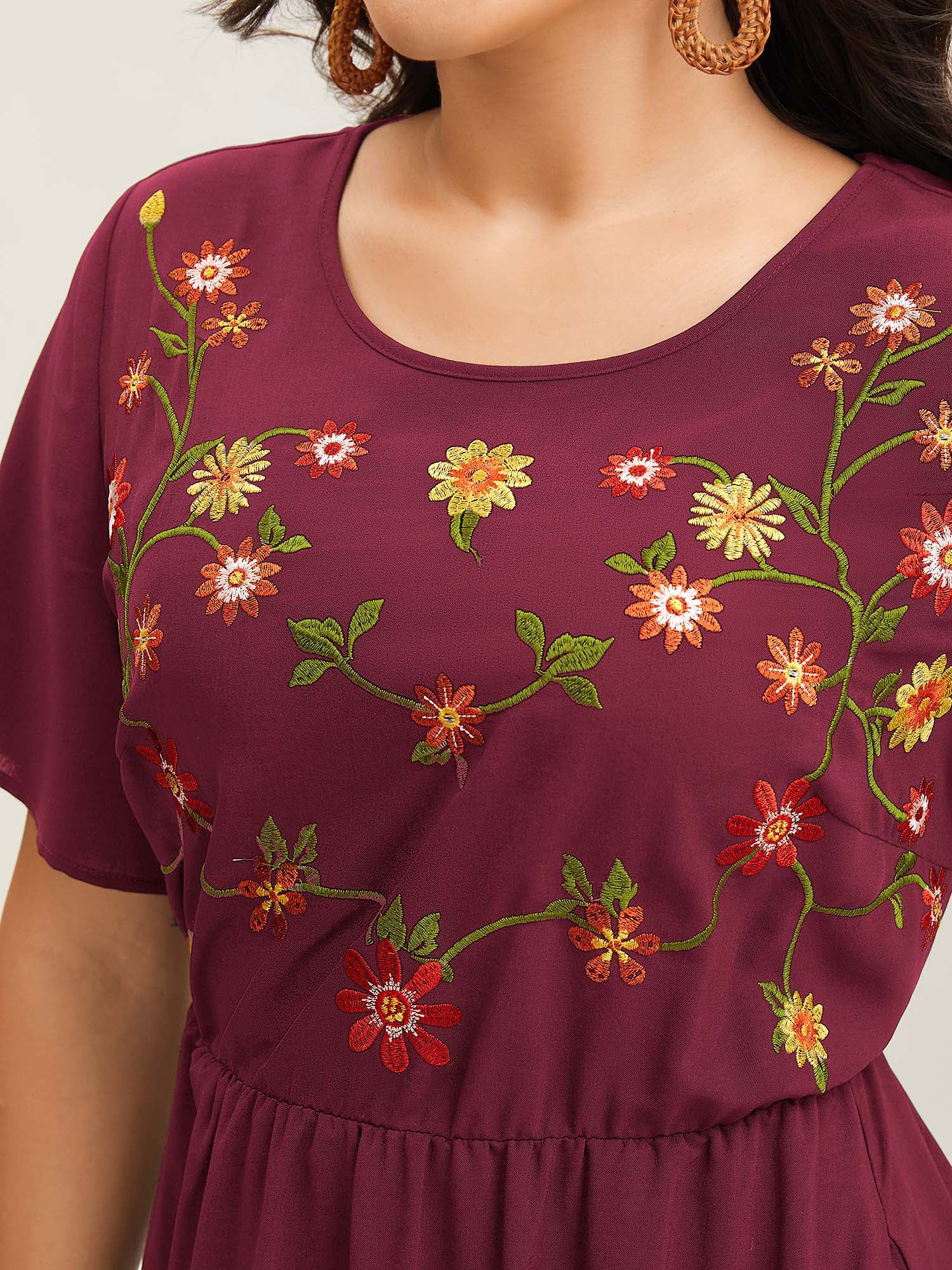 Floral Embroidered Waist-Cinched Midi Dress