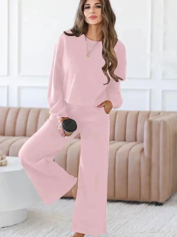 Women's Spring Fall Relaxed Fit 2-Piece Lounge Set | Long Sleeve Top & Wide Leg Pants