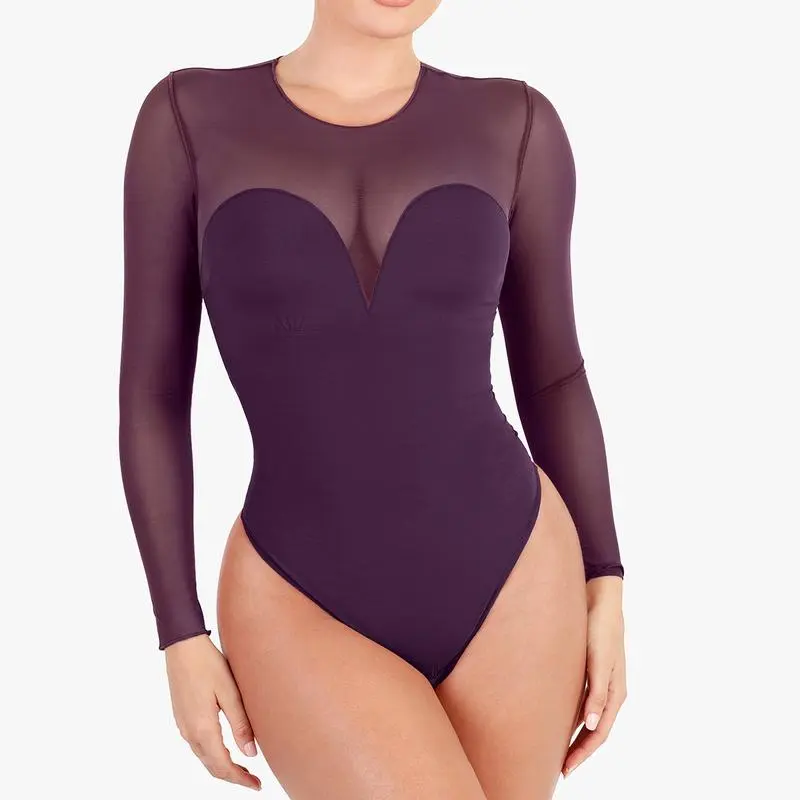 Deep V-Neck Long Sleeve Bodysuit Breathable Fabric Sheer Lace Turtleneck with Built-in Bra