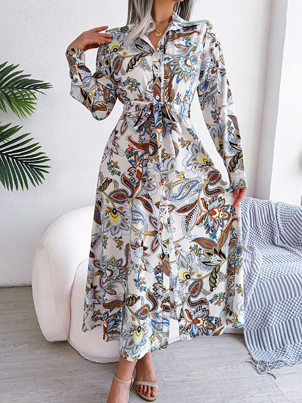 Buttoned Flower Print Tied Waist Long Sleeves Lapel Maxi Dresses