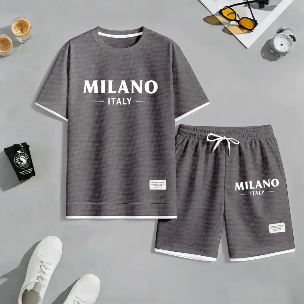 Men's Polo Print Drawstring Shorts Set For Spring/Summer. A Casual Summer Outfit, Including A Short-Sleeved Shirt And Shorts