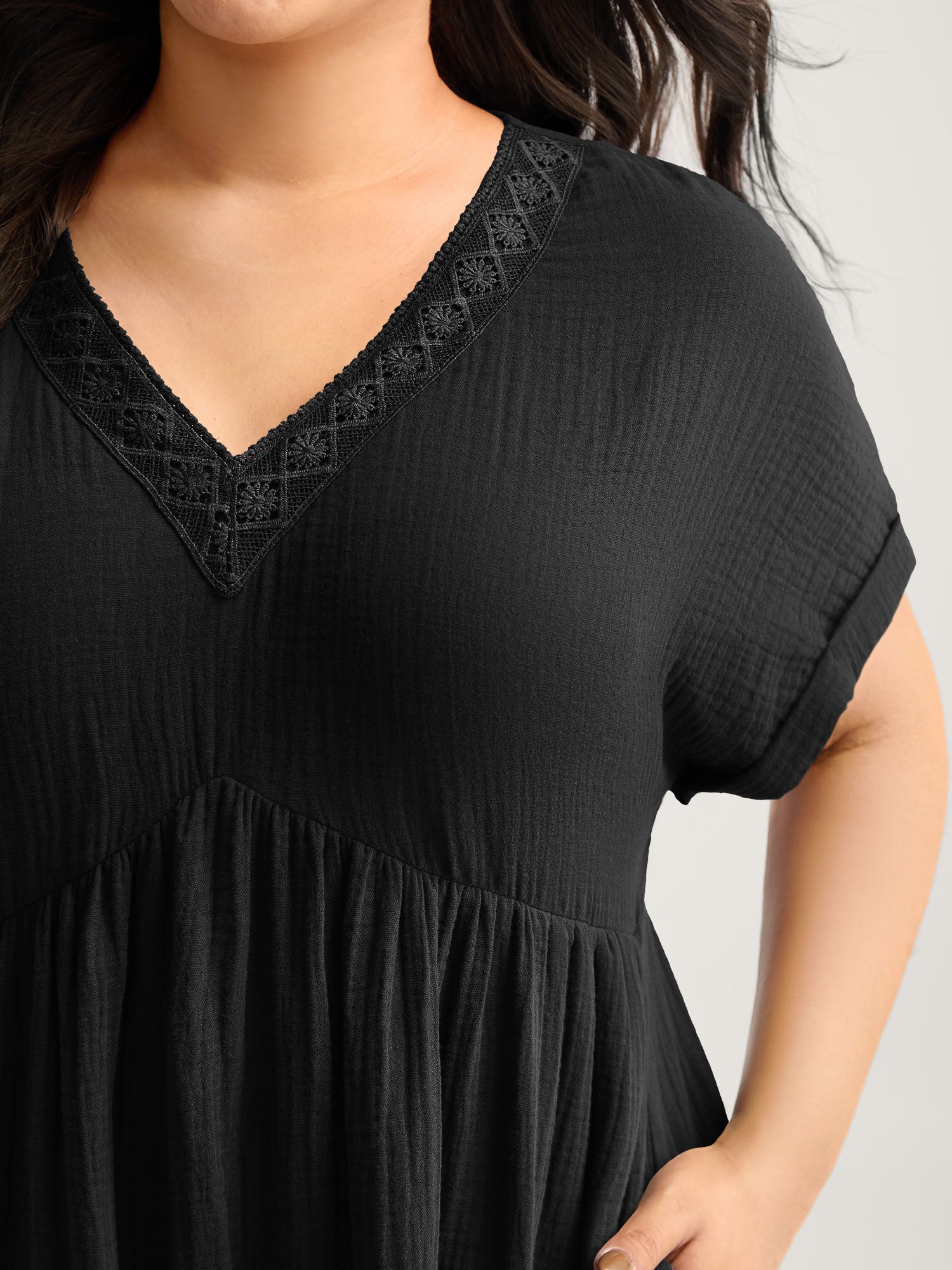 Pure Cotton Lace V-Neck Solid Mini Dress