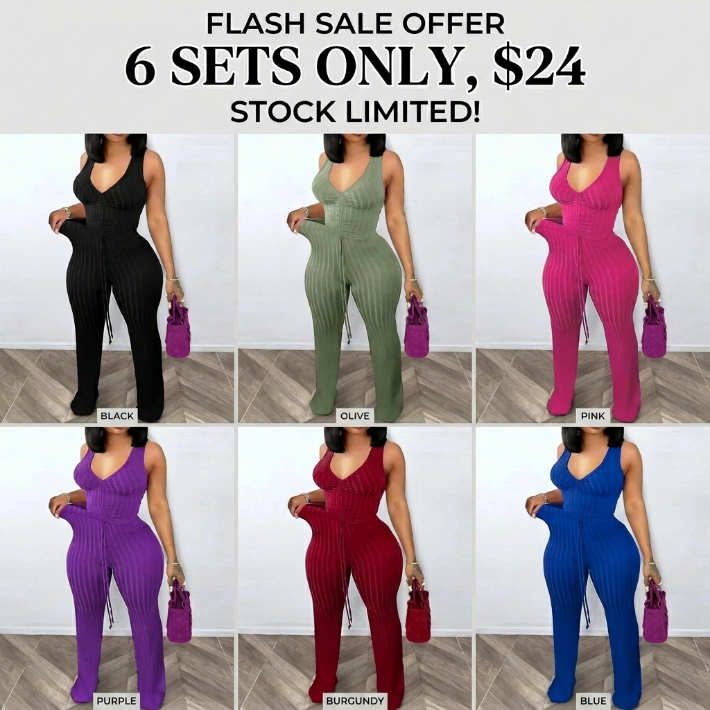 Women's Solid Ribbed Ruched Drawstring Crop Tank Top & High-Waisted Pants Set