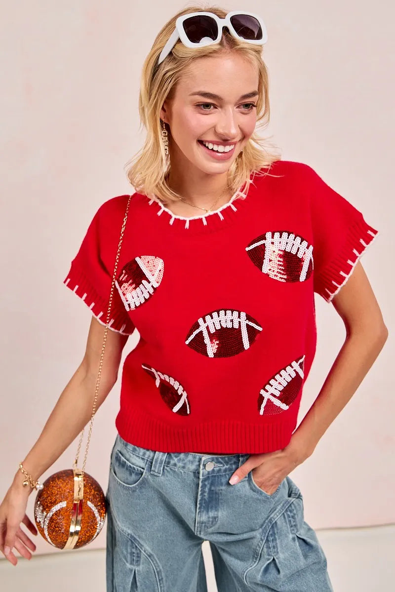 Gameday Sequin Football Embroidered Stitch Sweater