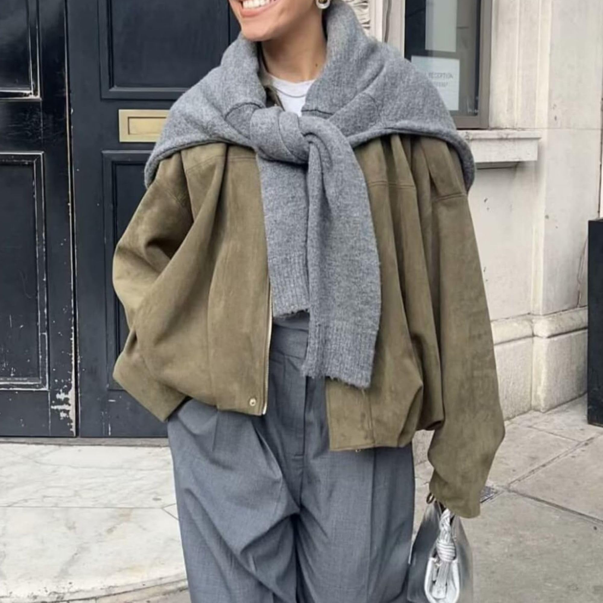 Xunger Women's Faux Suede Bomber Jacket Spring Lapel Pilot Coat Casual Oversized Long Sleeves Trendy Streetwear Outerwear