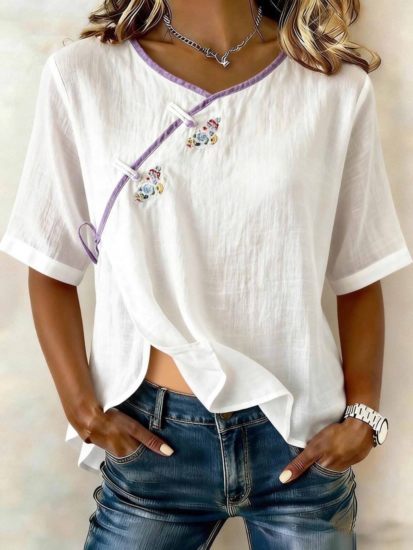 Women Embroidered Cotton Linen Tops- Fast Shipping