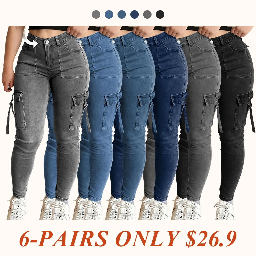 Women's Plain Multi-pocket Denim Cargo Pants