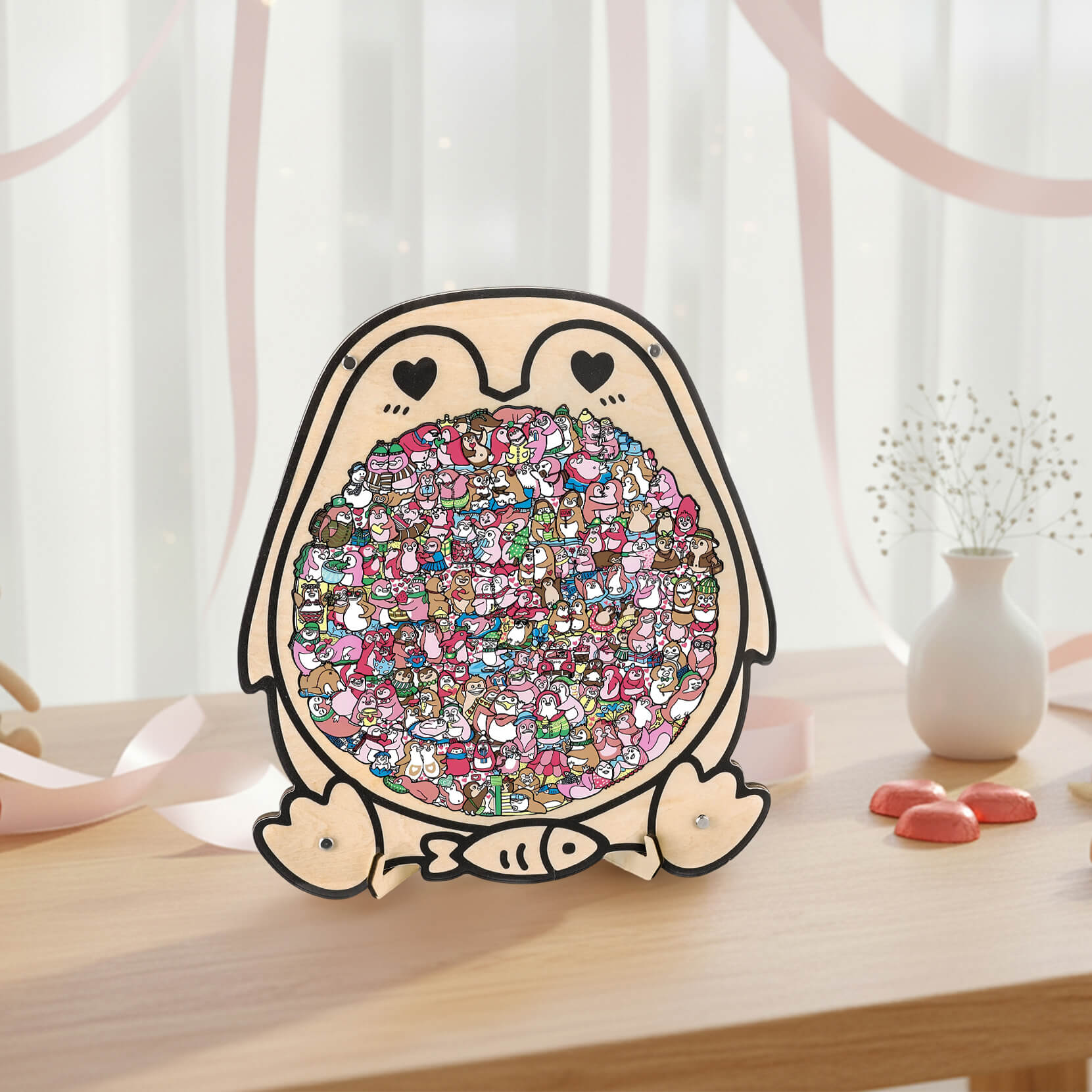 Cute Lover Penguin Shaped Wooden Jigsaw Puzzle