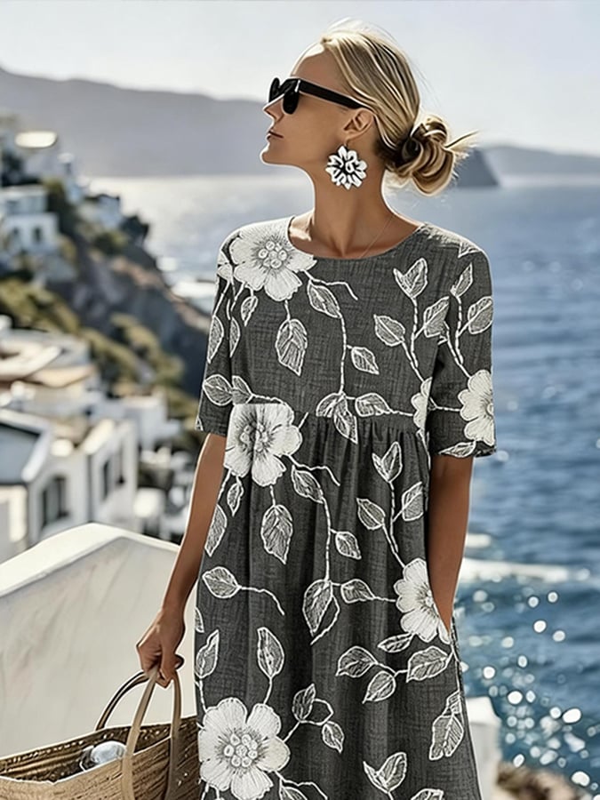 Women'S Vacation Round Neck Short Sleeve Printed Dress- Fast Shipping