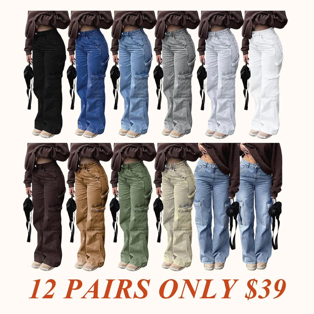 Women's High Waist Cargo Jeans with 6 Pockets, Wide Leg Baggy Denim Pants for Casual Street Style