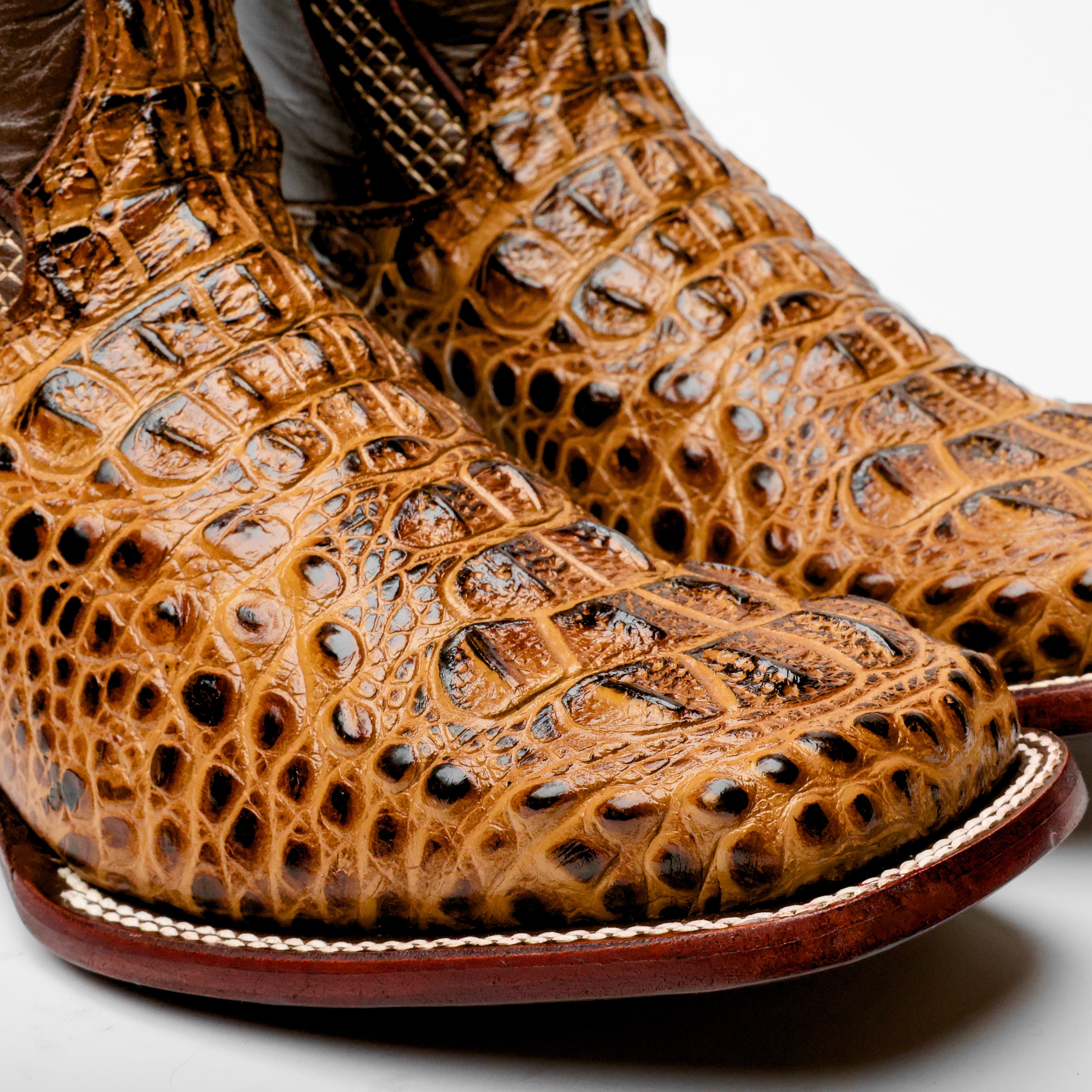 Honey Caiman Neck Leather Boots - Square Toe