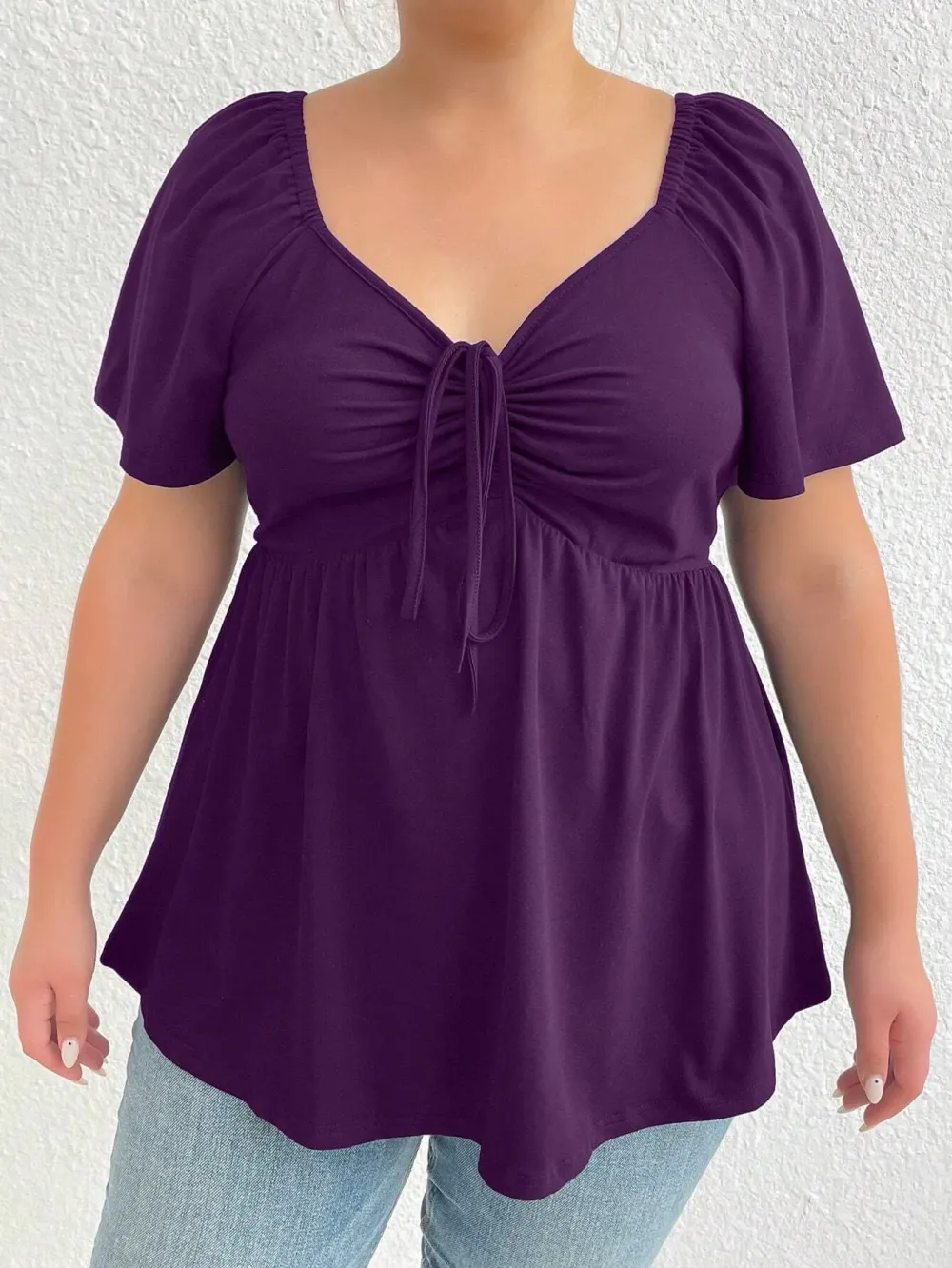 Plus Size Solid Color Rhinestone Collar Tie Front Short Sleeve Simple Casual T-Shirt