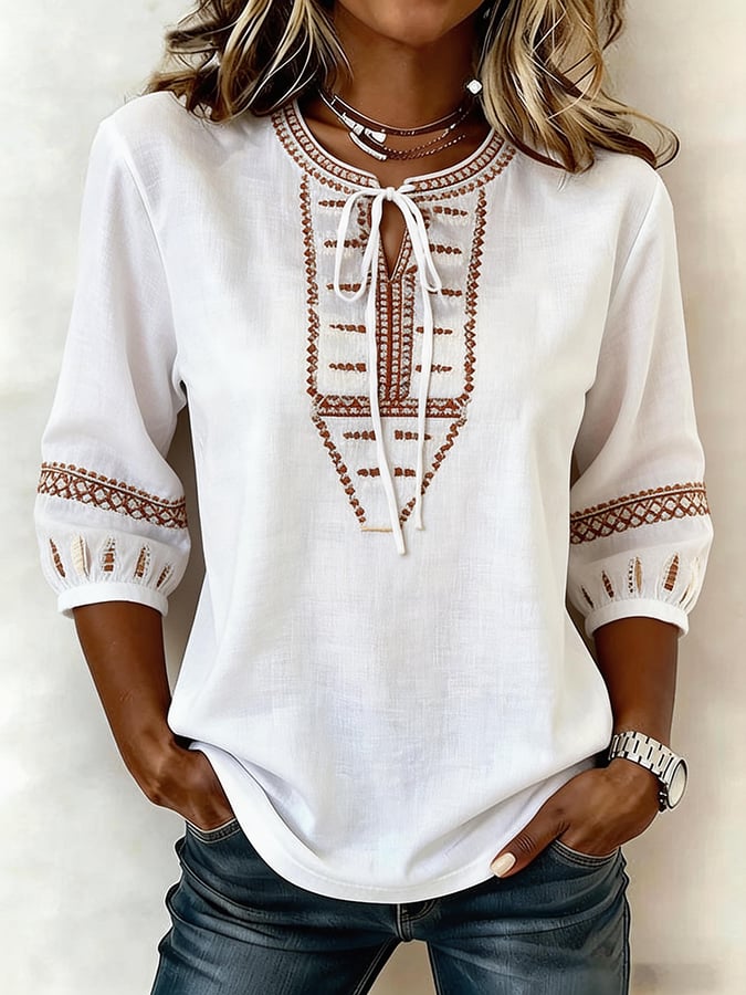 Women'S Cotton And Linen Floral Print Top- Fast Shipping