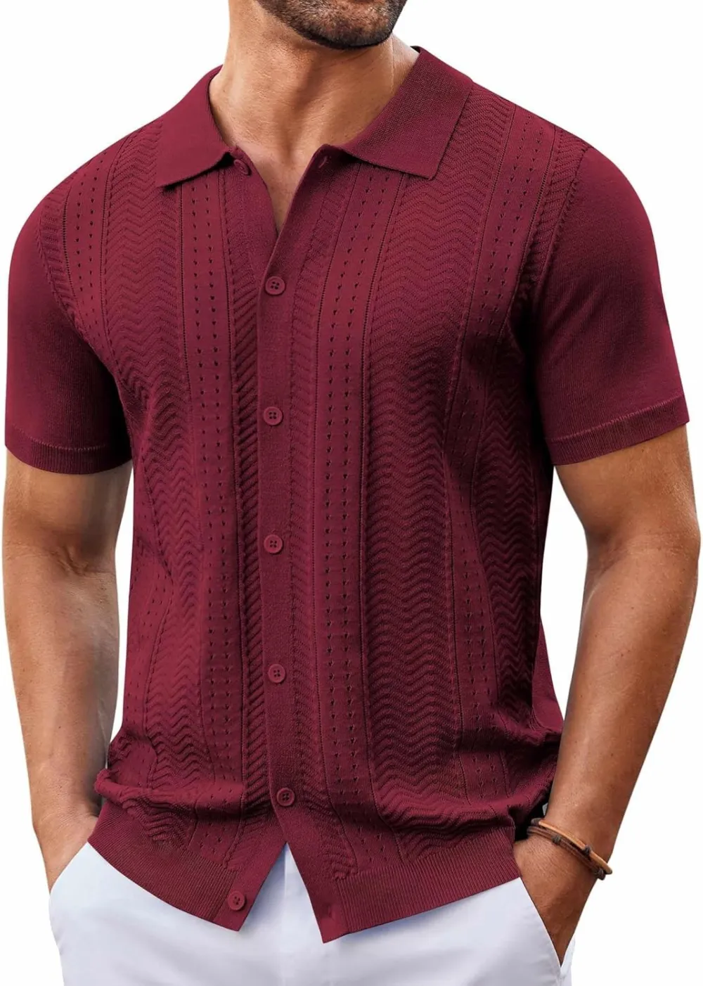 Mens Knit Button Down Shirt Short Sleeve Summer Casual Shirts Vintage Beach Vacation Shirts