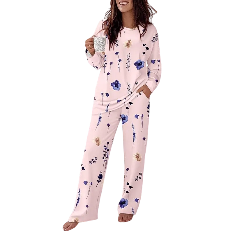 Women's Printed Crew Neck Long-Sleeved Top and Printed Trousers Set