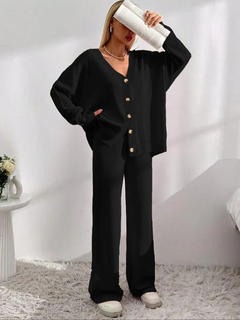 Women's Solid Button Front Drop Shoulder V Neck Cardigan & Elastic Waist Wide Leg Pants Two-piece Set, Matching Clothing Set