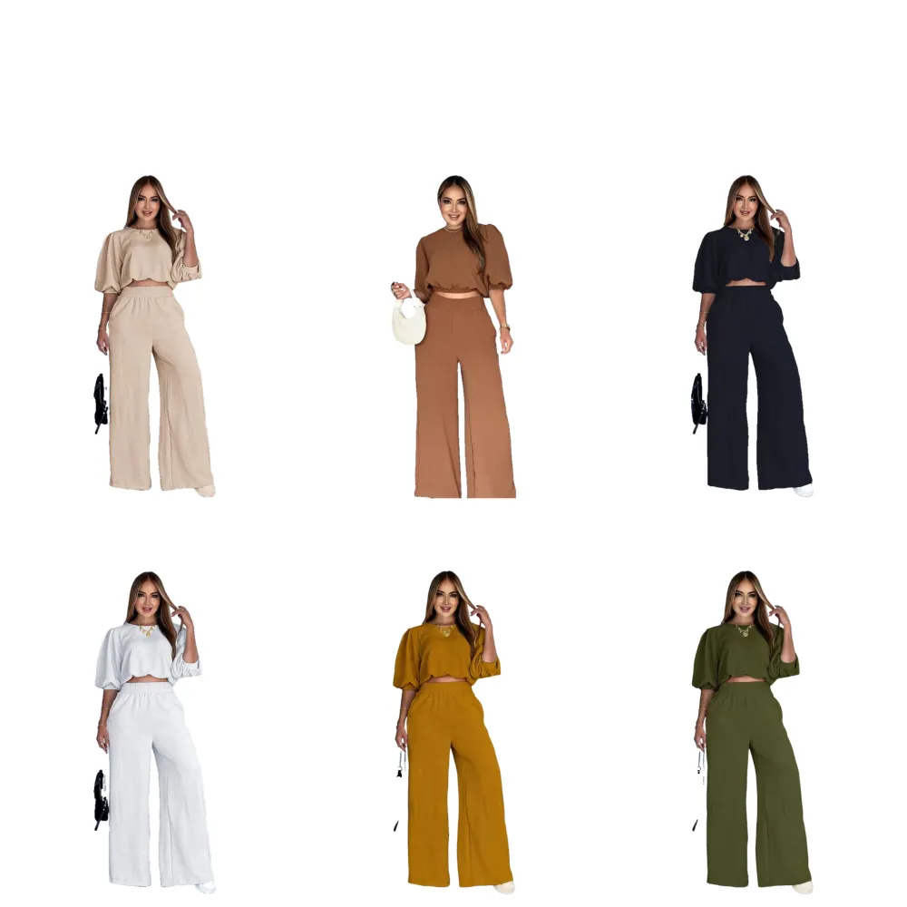 Women's Fashion Outfit, Half-Sleeve Top & Wide-Leg Pants, Casual Style for All Seasons, Women's Clothing Collection