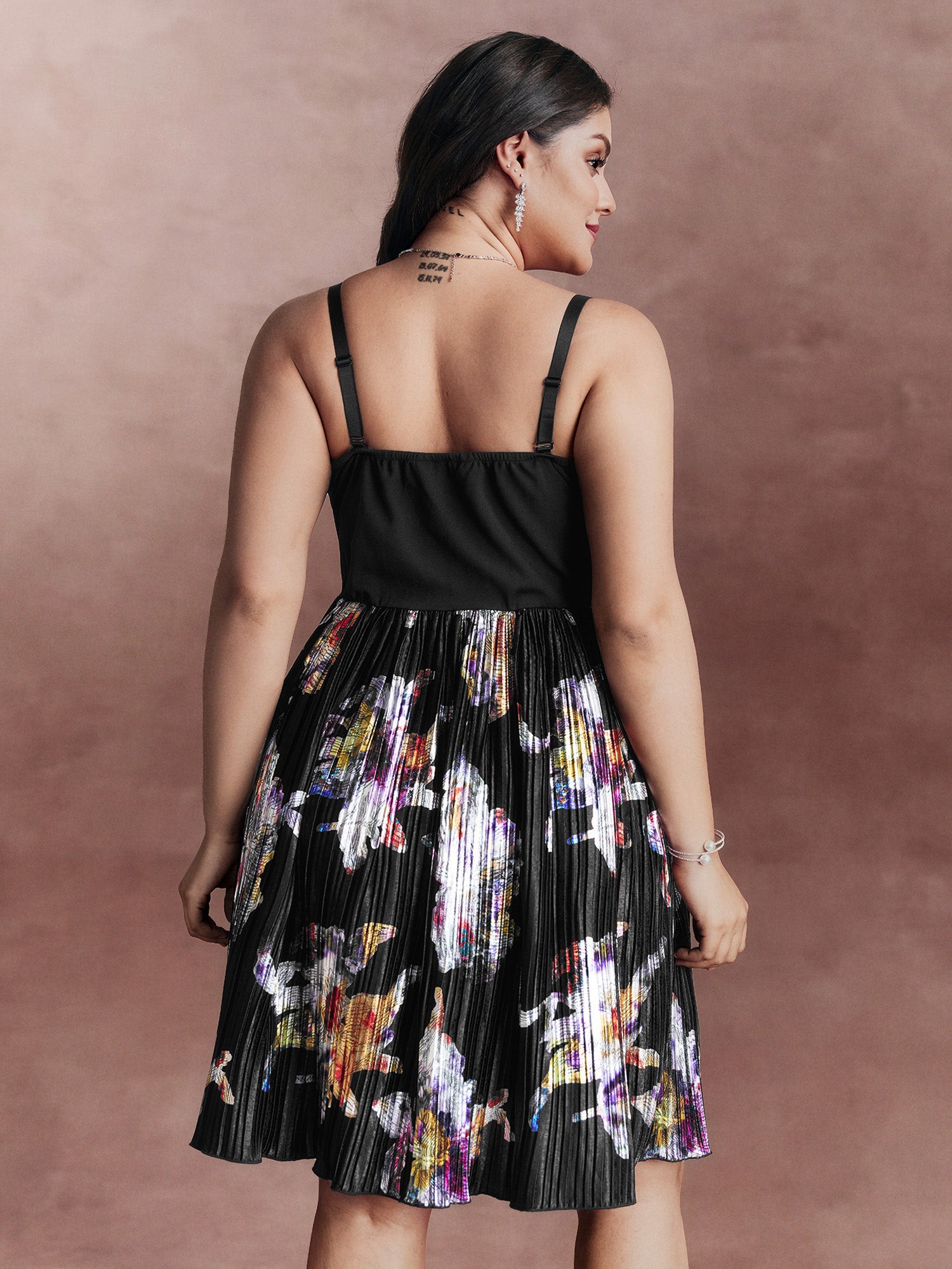 Floral Pleated Detachable Straps Contrast Mini Dress