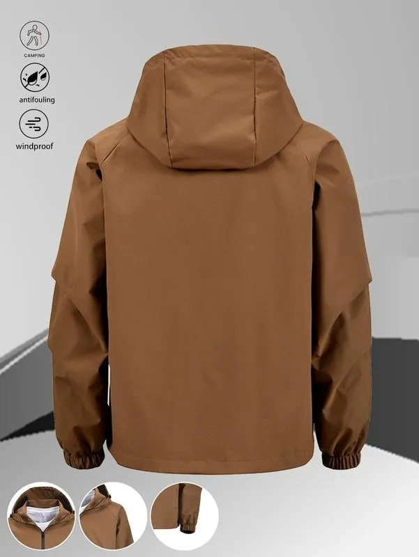 One black half-zip pullover with hoodie, outdoor camping style, large pockets, made of stain-resistant fabric