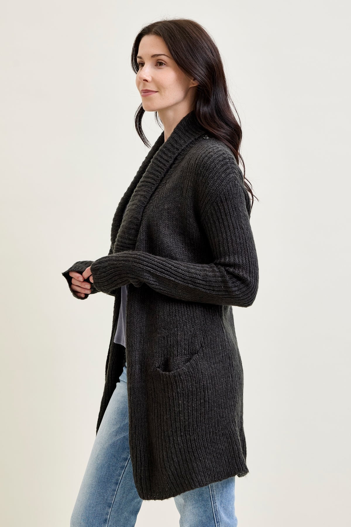 Drape Front Cardigan Charcoal Grey Sweater