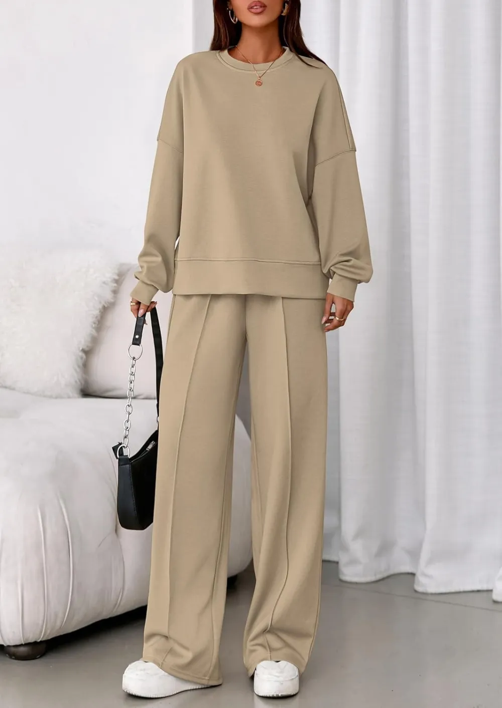 2 Piece Sets For Women Fall Trendy Long Sleeve Sweatshirt Wide Leg Pants Loungewear Set