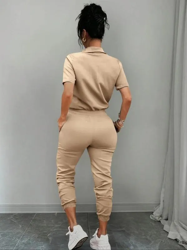 Women's Solid Button Front Pocket Jumpsuit, Casual Short Sleeve Jumpsuit for Daily Wear