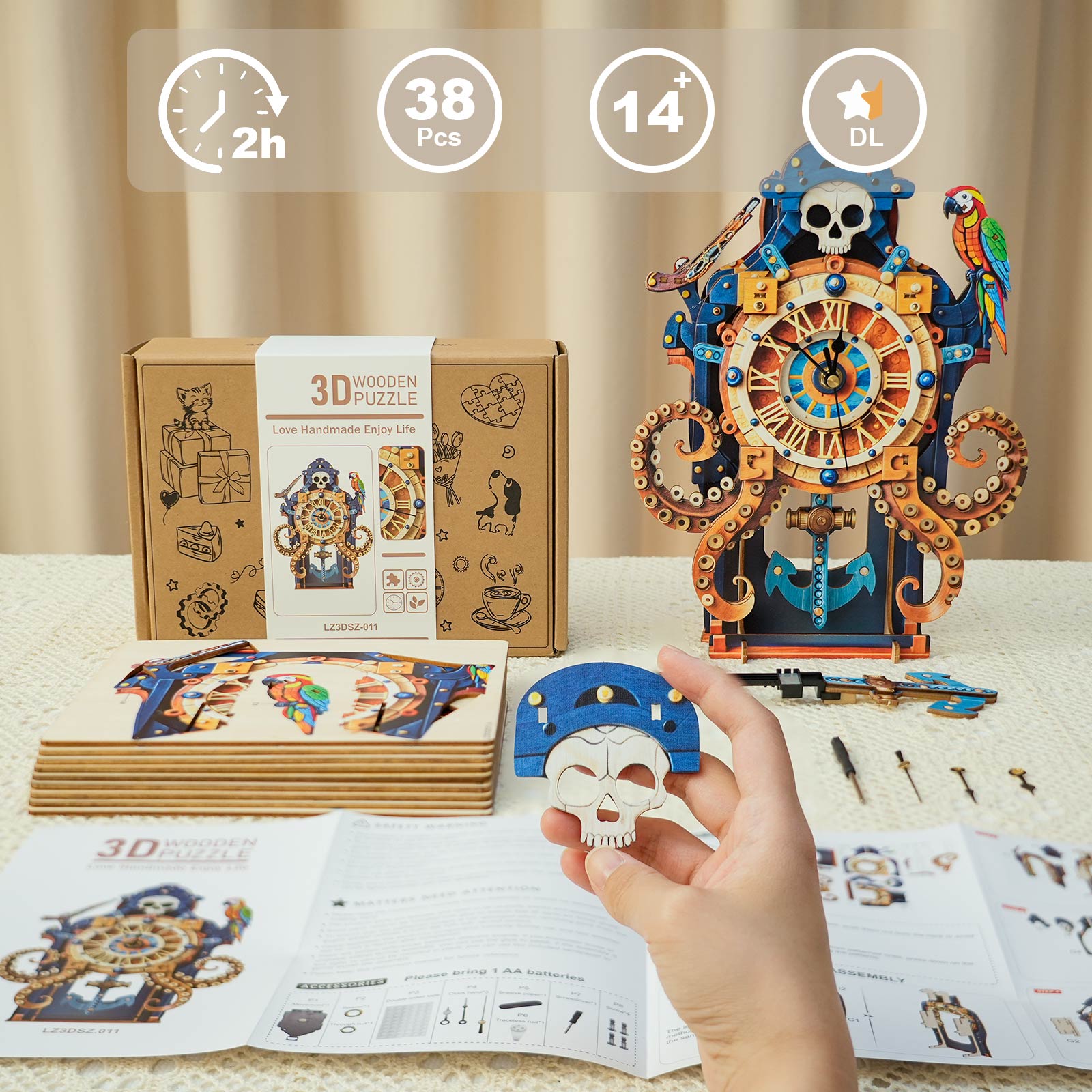 Octopus Sea Monster  – DIY Wooden Clock, 3D Puzzle Craft Kit