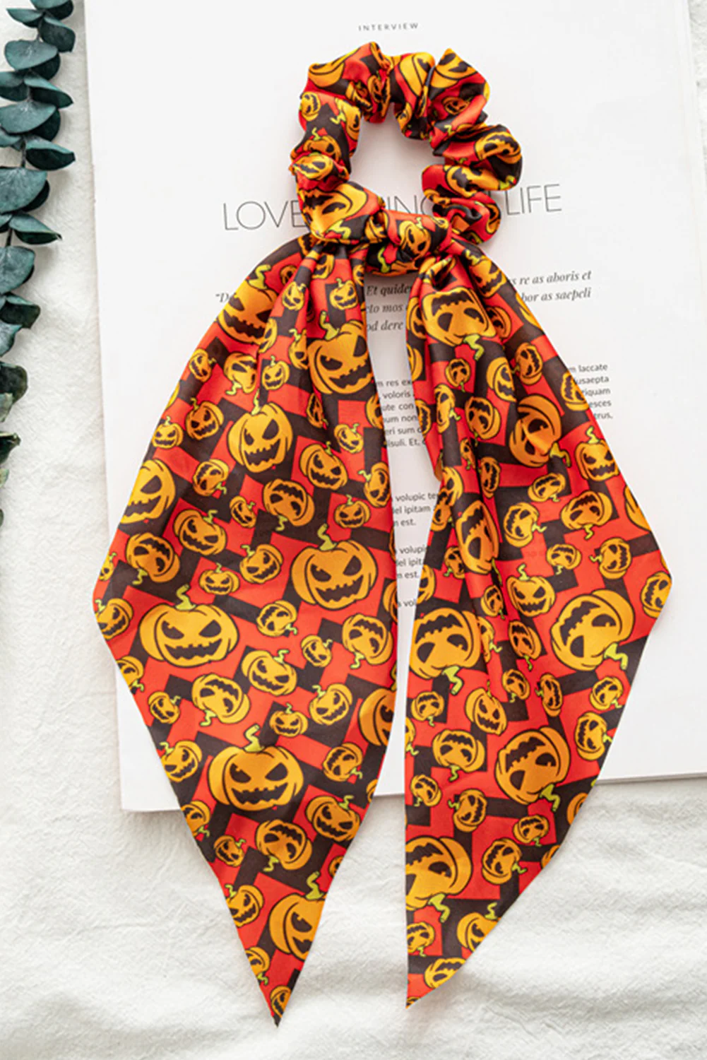 Orange Halloween Pumpkin Face Printed Satin Scrunch Hair Tie