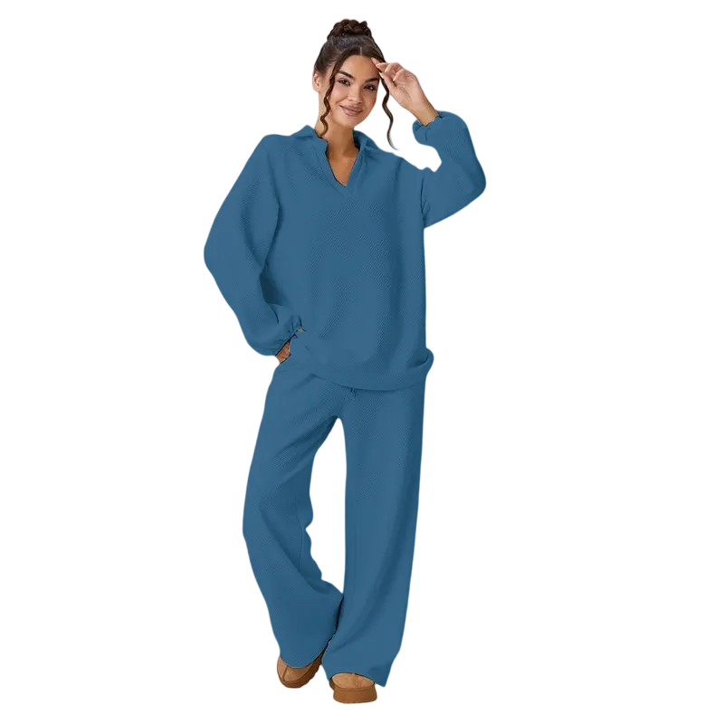 Women's loose-fitting V-neck textured pullover and drawstring waist pants set