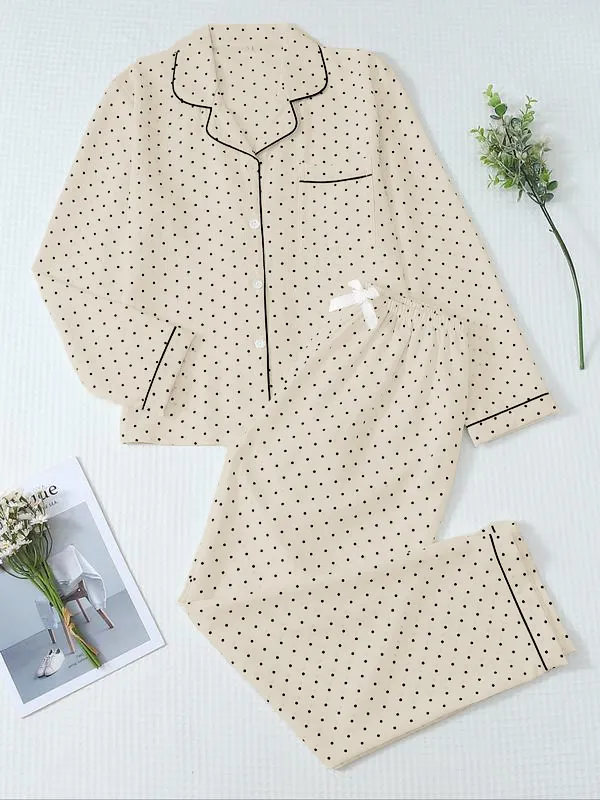 Women's Striped Bow Print Long Sleeve Pajama Set