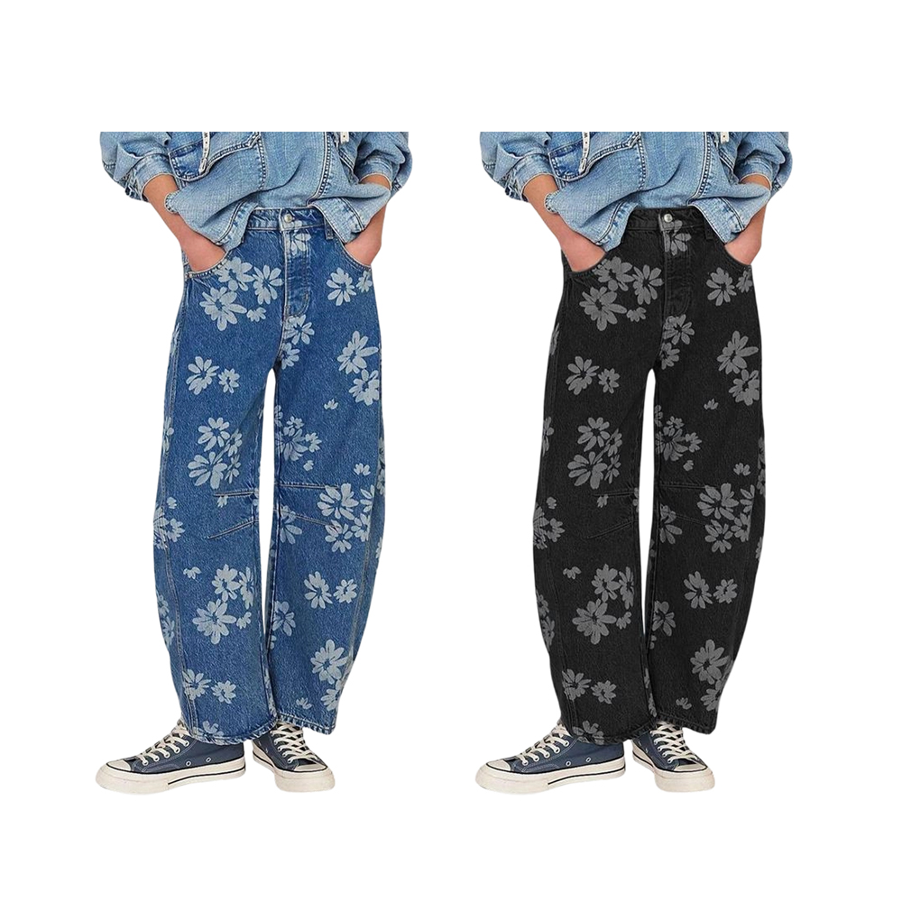 Women's Simple Floral Jeans Y2K Loose Wide-Leg Jeans Boyfriend Style Printed Stitching Jeans