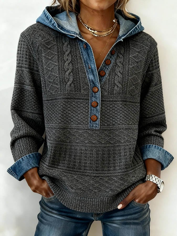 Women's Casual Hooded Collar Patchwork Print Pullover Top