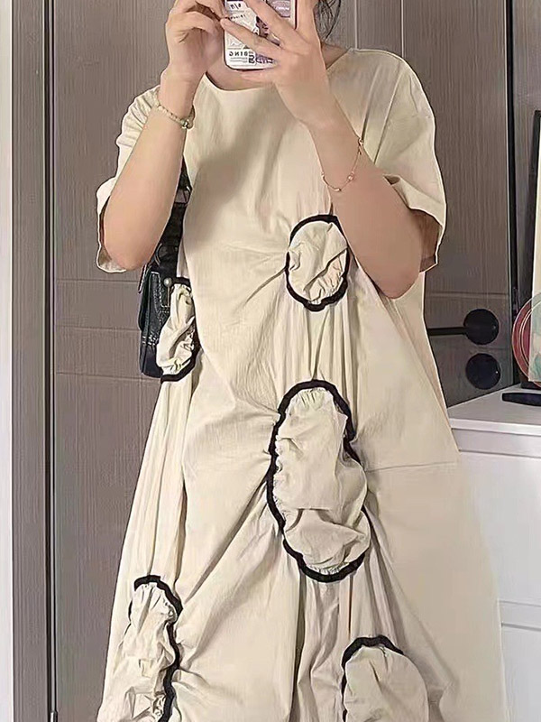 Pleated High-Low Loose Round-Neck Midi Dresses