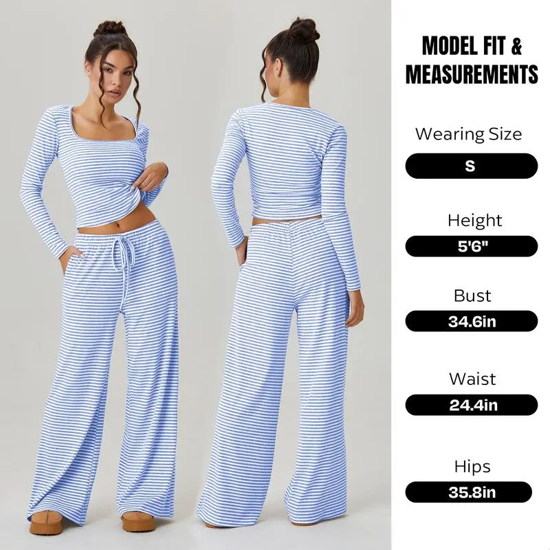 Women's Stripe Square Neck Long Sleeve Crop Top & Wide Leg Trousers Set