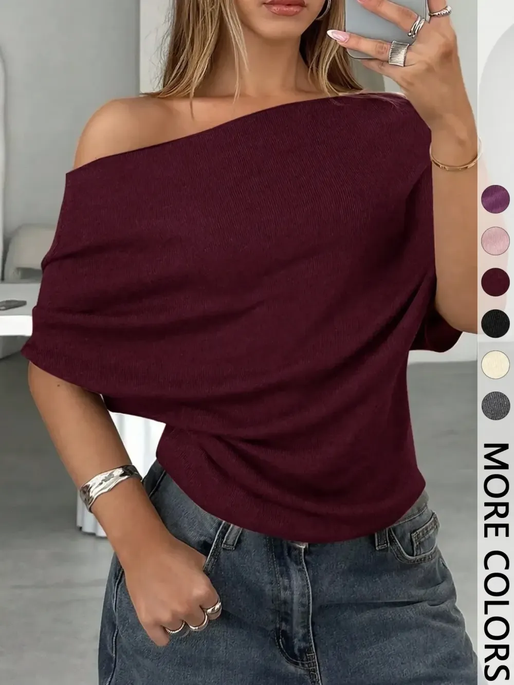 Women's Summer Autumn Plain Asymmetrical Shoulder Batwing Sleeve Knit T-Shirt