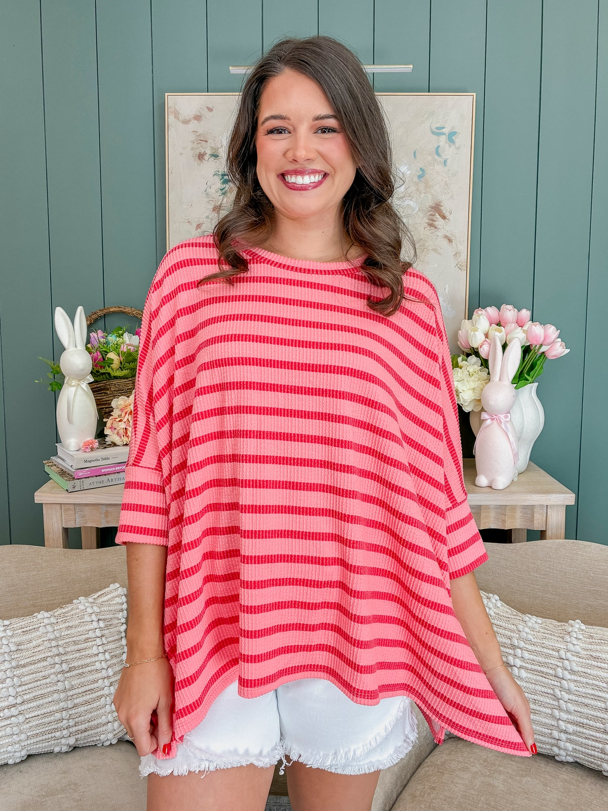 💕Mother's Day Sale💕Spring Striped Raised Rib Easy Fit 3/4 Sleeve Top