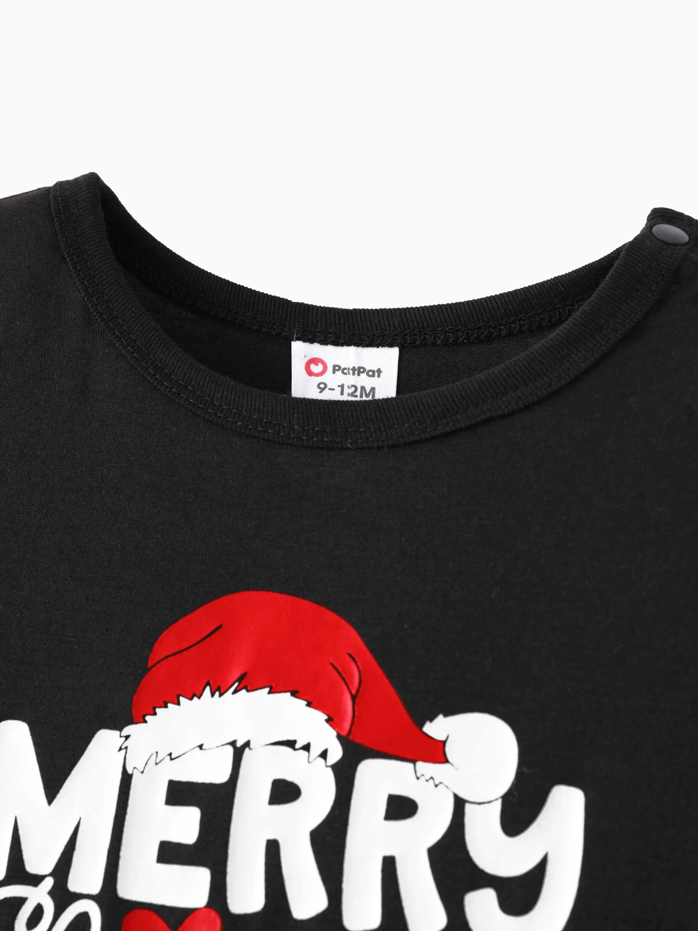 Christmas Family Matching Glow In The Dark Letters Print Long-sleeve Pajamas Sets with Christmas Socks Black+White