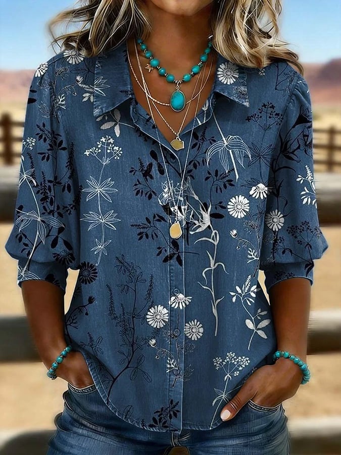 Retro Print Casual Puff Sleeve Shirt