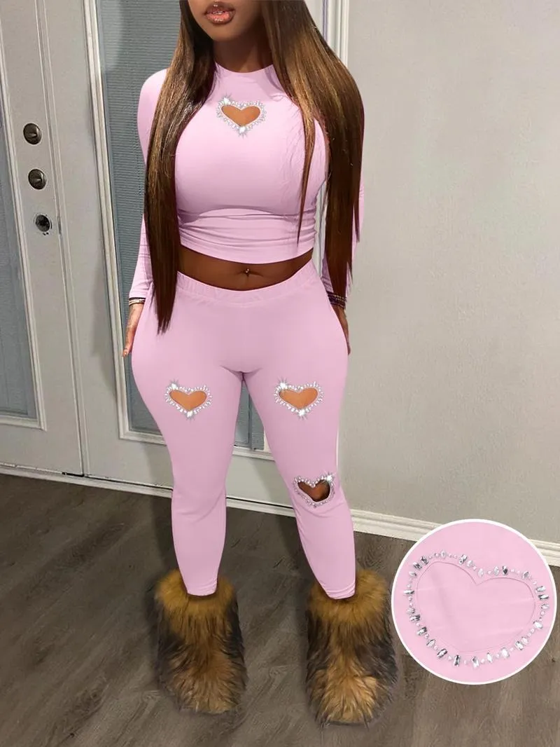 Two-Piece Set Women's Rhinestone Heart Decor Cut Out Crop Top & Skinny Pants Set