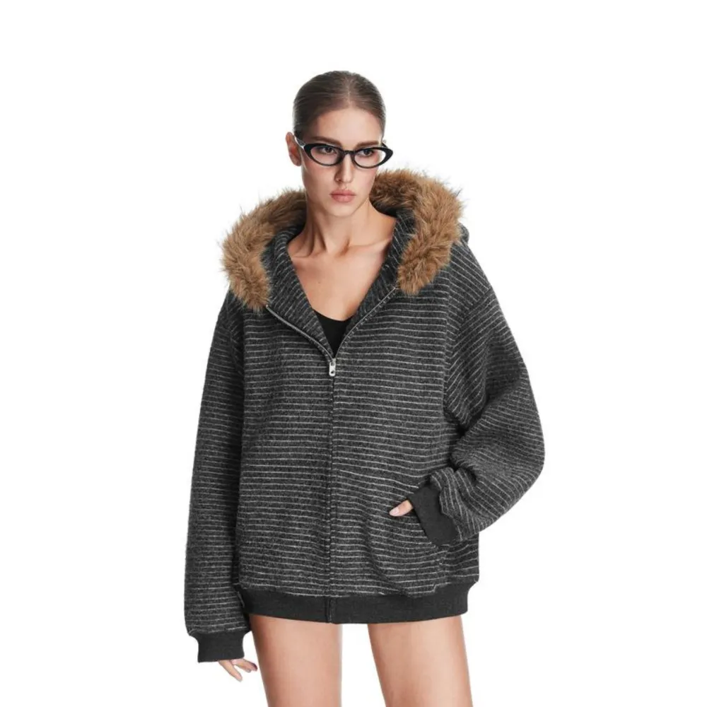 Women’s Striped Fur Collar Zip Hoodie