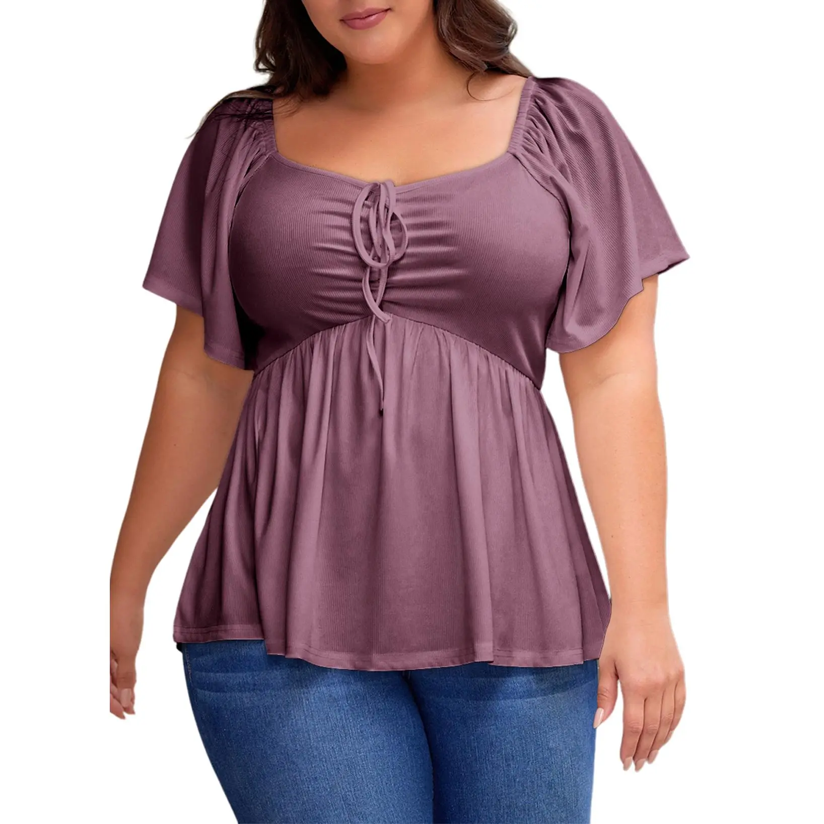 ⏰8 PACKS Women's Plus Size Sweetheart Neck Short Sleeve Shirred Peplum Blouse Tops Shirts(1X-5X)