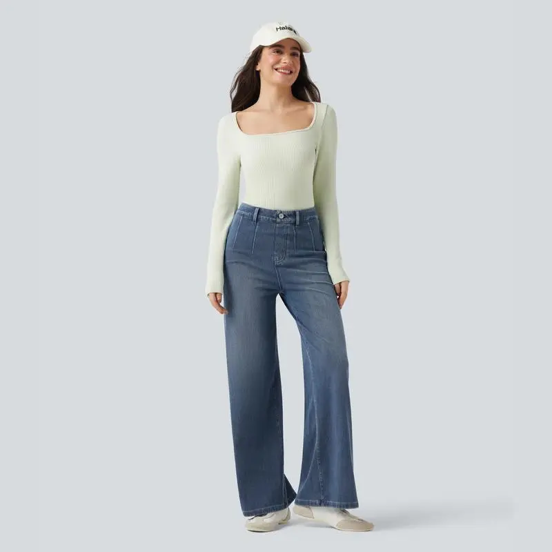 High Waisted Tummy Control Wide Leg Casual Jeans with Pockets