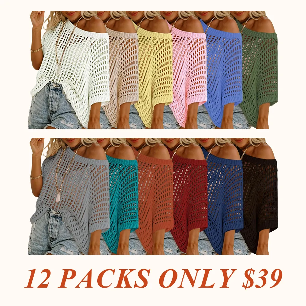 Womens Summer Scoop Neck Short Sleeve Sweater Casual Crochet Hollow Out Knit Tops