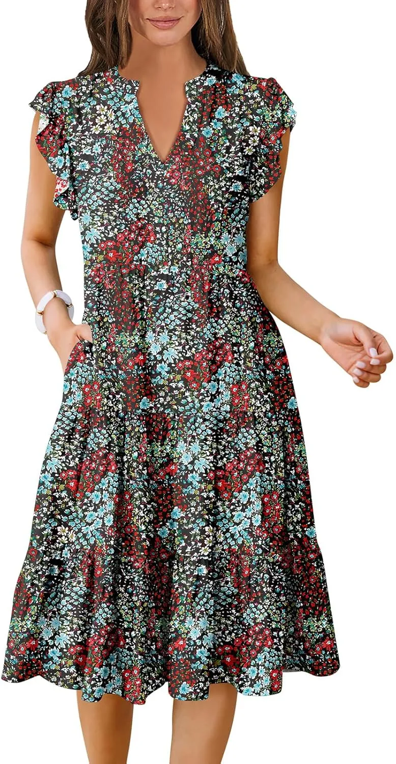 Women's Ruffle Sleeve V-Neck Tiered Midi Dress